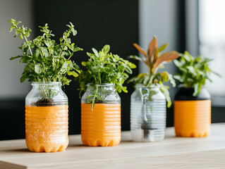 Creative upcycled planters made from repurposed bottles. Great for small herbs or succulents. A sustainable and stylish decor idea for any space.