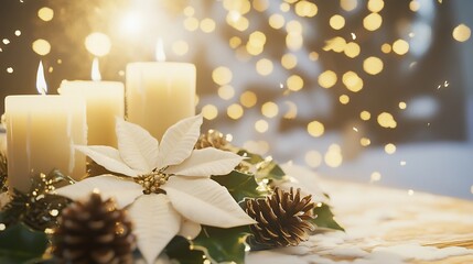 Warm glow of candles and poinsettia creating festive holiday ambience