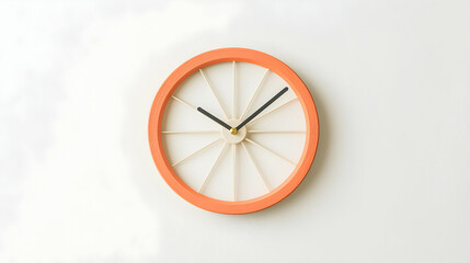 A stylish orange clock resembling a citrus fruit on a plain wall. Great for kitchen decor or adding a pop of color to any room. A fun and modern design.