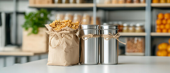 A close-up showcases grains and canisters on a table evoking a food store. Great for sustainable lifestyle themes. Ideal for blogs social media or product displays.