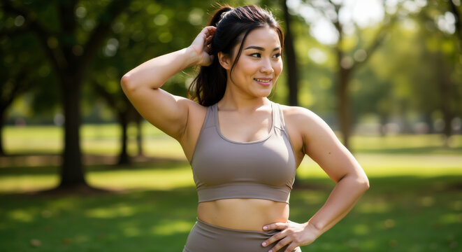 Asian woman in beige sports bra fixing her hair in sunny park. Outdoor fitness lifestyle for athletic wear promotion, personal training services or body positivity campaigns