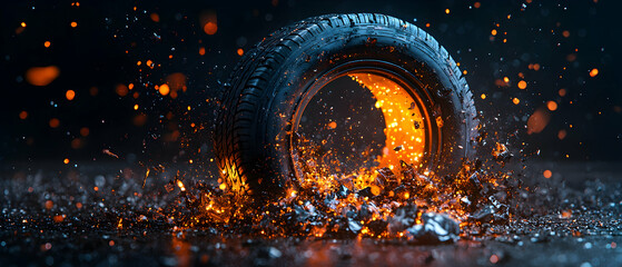 Dramatic image of a tire exploding with fiery debris. Perfect for automotive promotions or high-energy visuals. Capture impact and excitement. 