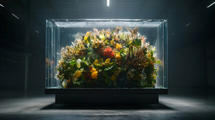 A rectangular aquarium filled with colorful marine life. Ideal for a modern art gallery or a unique home decor display. Captures aquatic beauty in an enclosed space.