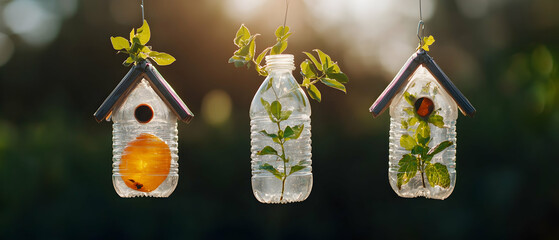 Recycled plastic birdhouses create eco-friendly art. Grow plants for birds for food or decoration. Repurpose bottles into creative planters for nature's beauty.