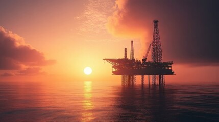 Obraz premium Offshore Oil Platform at Sunset Silhouette, Energy , Oilfield