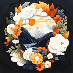 A paper cut illustration of a mountain scene framed by colorful foliage and flowers. Ideal for wall art or adding a decorative touch to home decor.