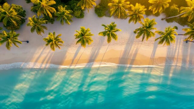 Drone view of ocean waves crashing beach palm trees, holidays broll background