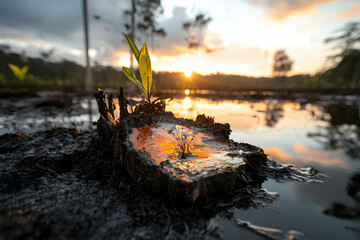 A vibrant sunrise reflects on water. A tree stump sprouts new life creating a hopeful and serene image. Great for nature-themed displays or motivational posters.