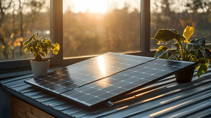 Solar panels sitting on a window sill with plants sunlight shining through. Suggests sustainable energy use for a home or office setting.