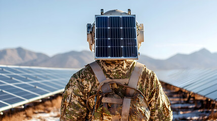 A soldier wearing solar panels for a head. This imagery symbolizes the intersection of military technology and sustainable energy solutions. Consider for eco-friendly projects.