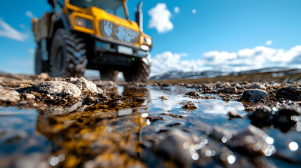 A yellow heavy vehicle in a muddy environment against a blue sky. Capturing a rugged scene suggests outdoor activities or construction themes.