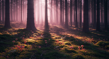 Enchanting forest landscape with sunlit trees and magical mushrooms scenery