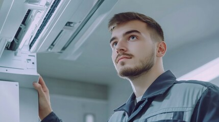 Young technician inspecting an air conditioning unit in a service workshop during the day