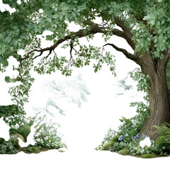 A majestic oak tree towers over a lush forest opening with clear sky above.