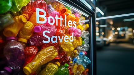 A display of colorful plastic bottles highlights recycling efforts. It reminds people to save bottles to conserve resources and reduce waste.