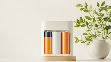 A minimalist still life with batteries in a charger and a vase of greenery. Perfect for product shots or website backgrounds. The clean design conveys eco-friendliness.