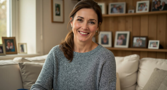Mature woman with genuine smile wearing grey sweater sitting on sofa with family photos displayed on shelves. Warm family connection and memories concept for generational relationships