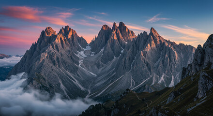 Panoramic view of dramatic mountains at dawn with vibrant sky colors