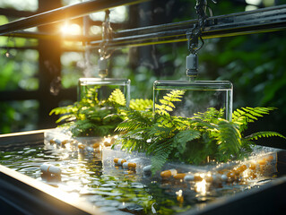 A lush fern display inside a water tank with scattered pills. Suggests a futuristic bio experiment or a symbolic blend of nature and medicine. Interesting visual contrast.