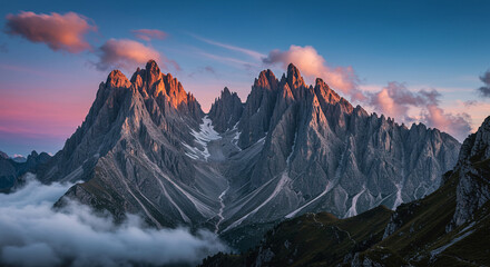 Spectacular Dolomites Mountains Peaks at Sunrise with Clouds and Sky