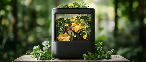 Indoor gardening unit with plants and flowers. Perfect for small spaces to cultivate fresh herbs and blooms indoors. A stylish solution.