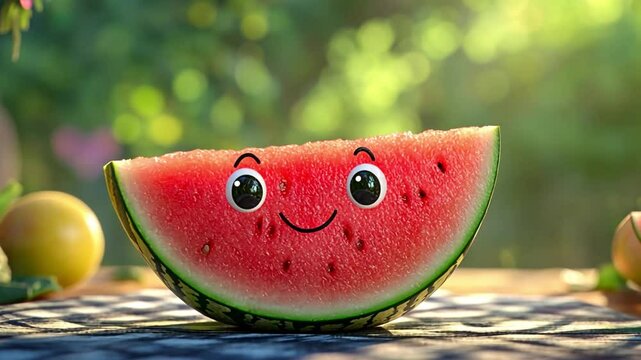 A cheerful watermelon slice with a smiling face sits on a checkered tablecloth. The background features a sunny summer garden with soft green foliage and colorful fruits.