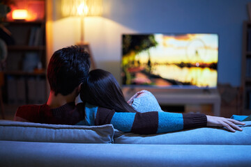 Rear view of lovely couple enjoying for watching movie on sofa in the room