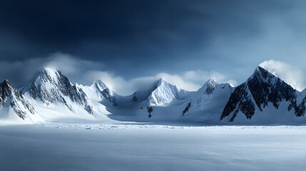 Fototapeta premium A panoramic view of snow-covered mountains with jagged peaks, casting deep shadows on the ice and creating a stark contrast against the bright blue sky.