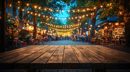 Empty wooden table at night market.