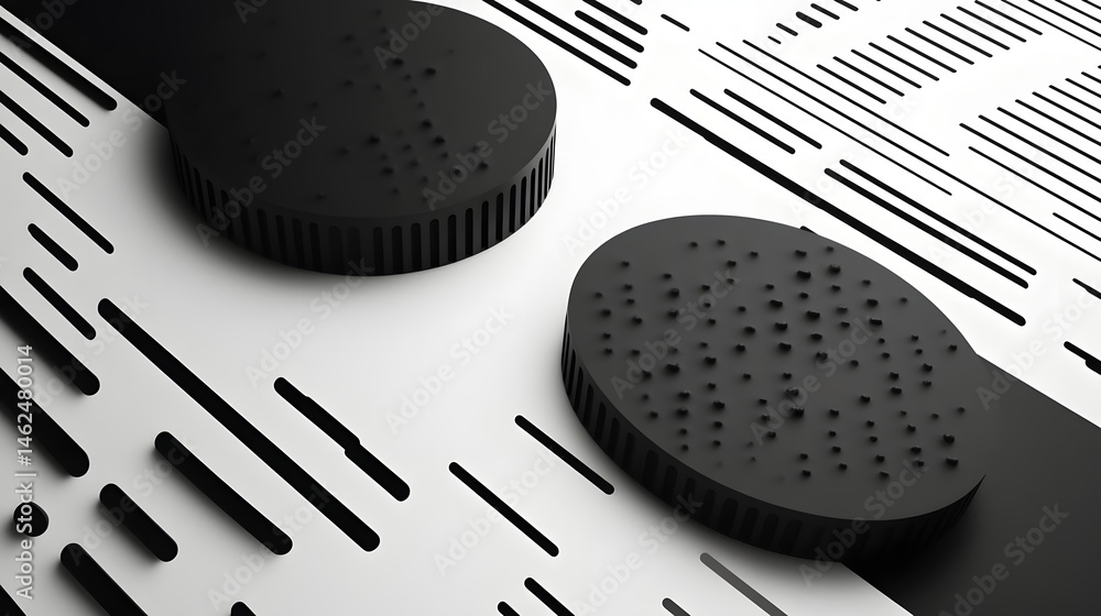 Poster two dark circular objects on a white and black patterned surface.