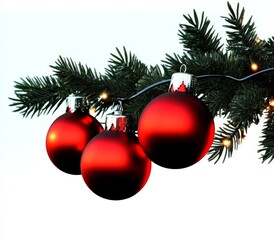 Red Christmas Ornaments on Fir Tree Branch with Lights Holiday Decor, Festive , Ornament
