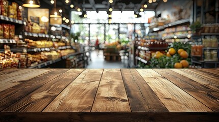 Wood texture table top (counter bar) with blur grocery, market store background