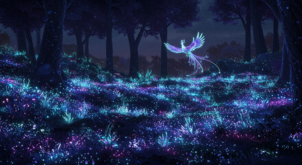 Mystical phoenix ascends in a radiant bioluminescent fantasy forest at twilight