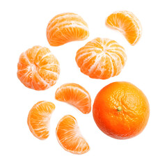 Bright orange peeled mandarin segments and whole fruit are arranged on a clean white background, creating a vibrant and healthy citrus fruit display.