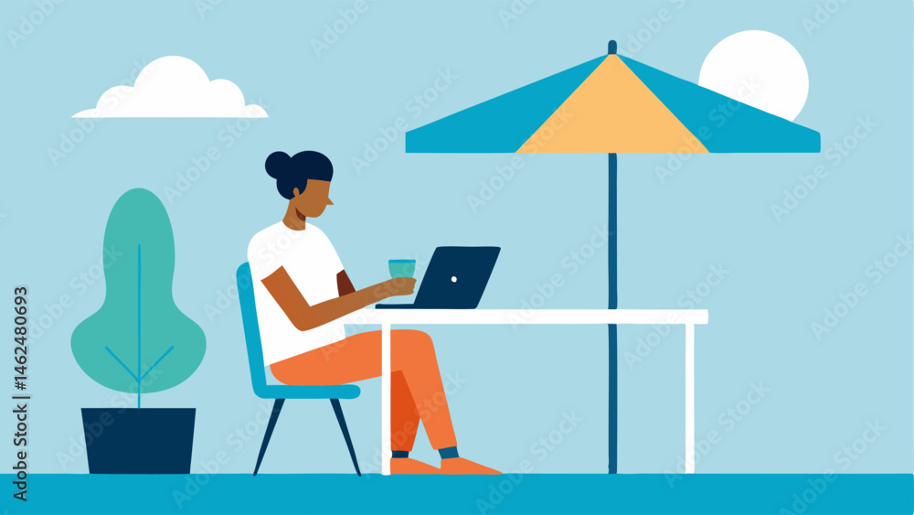 Poster outdoor office an individual with a cane works from a patio using a tablet. they have a sunshade and