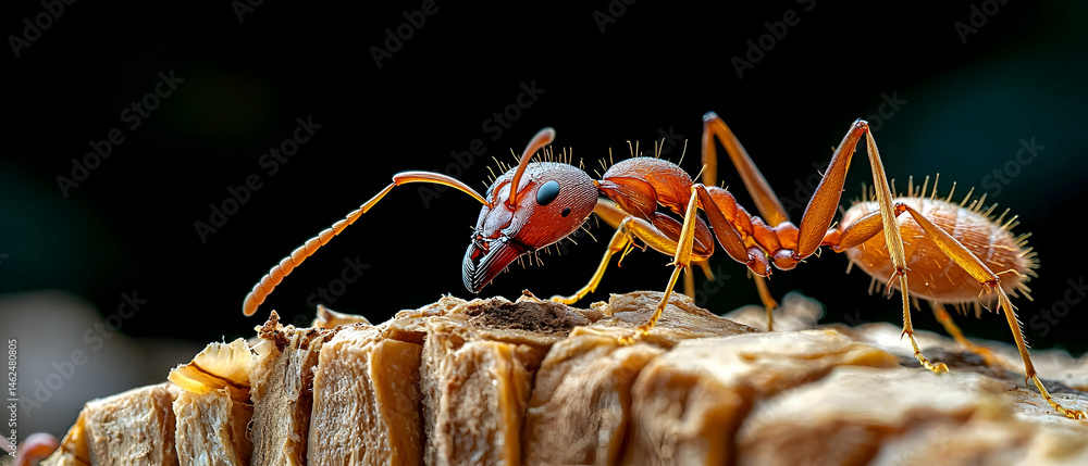 Poster a macro shot of an ant exploring a textured surface. the image highlights intricate details of the i