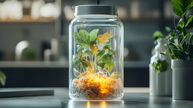 A plant terrarium in a glass jar with a luminous base. Ideal for home decor or as a gift. Enhances any space with natural beauty and subtle light. - Powered by Adobe
