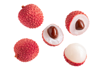   Set of few sliced lychees floating in the air, with a transparent background