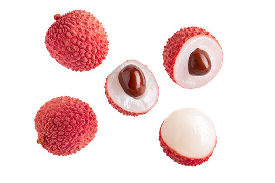   Set of few sliced lychees floating in the air, with a transparent background