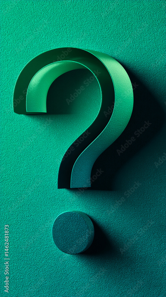 Poster green textured background features a three-dimensional question mark, symbolizing inquiry, curiosity