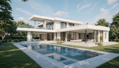 Residential Swimming Pool with Turquoise Water Under a Blue Sky with Scattered Clouds	
