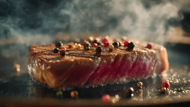Close up of a steaming seared tuna steak seasoned with colorful peppercorns, resting on a dark surface. The pink interior of the tuna is visible. Dark background with dramatic lighting.