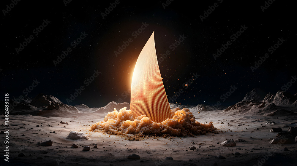 Poster a glowing triangular structure rises from a cratered landscape. the scene evokes a sense of alien my