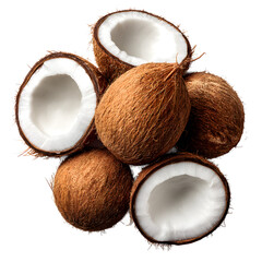 A tropical composition shows a group of whole and halved coconuts with their brown s and white flesh stacked together on a clean bright white background.