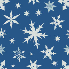 Winter holiday design features a seamless blue pattern with falling white snowflakes, a festive Christmas decoration