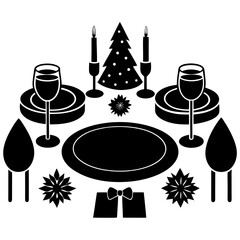A vector illustration showcases a restaurant table set with wine glasses and a bottle, suggesting a celebratory dinner with drinks