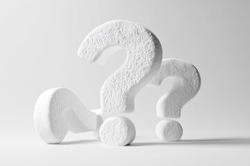 Three textured white question marks, arranged on a white background, symbolize inquiry, uncertainty, or the search for answers
