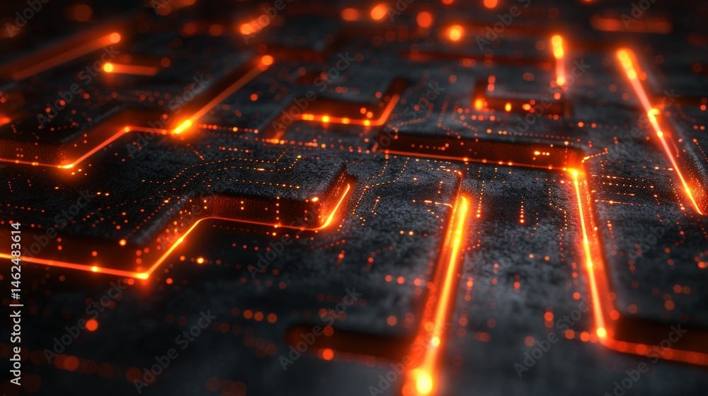 Poster abstract technological circuitry with glowing lines and dark background