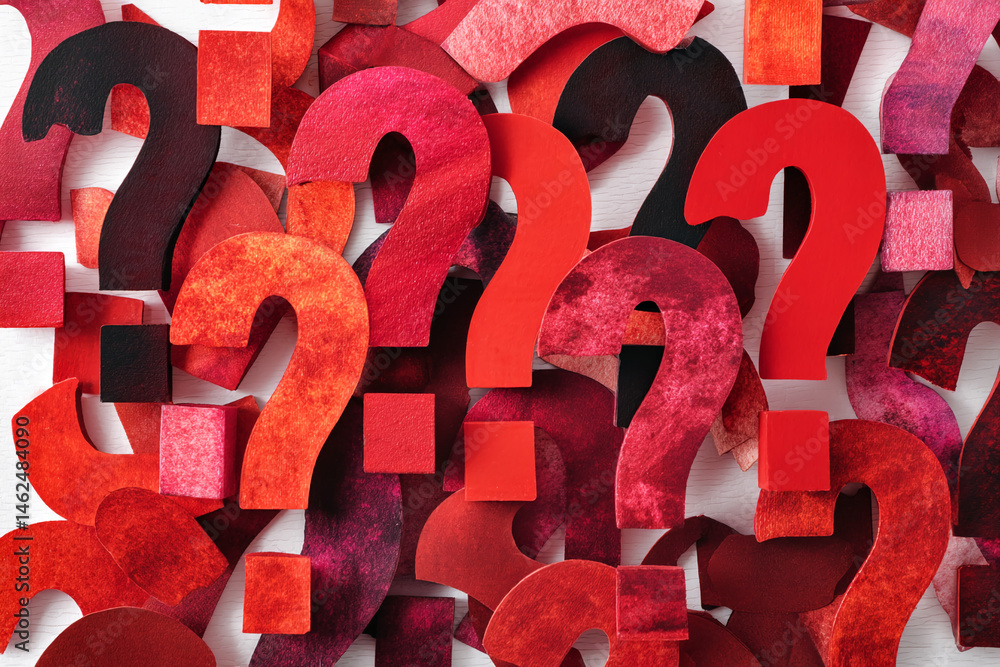 Poster Red question marks of varying shades and textures overlap, creating a complex visual pattern symbolizing uncertainty, inquiry, or the search for answers