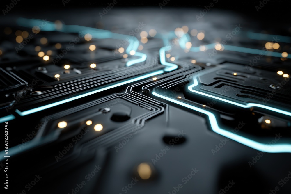 Poster close up view of circuit board with glowing lines and lights